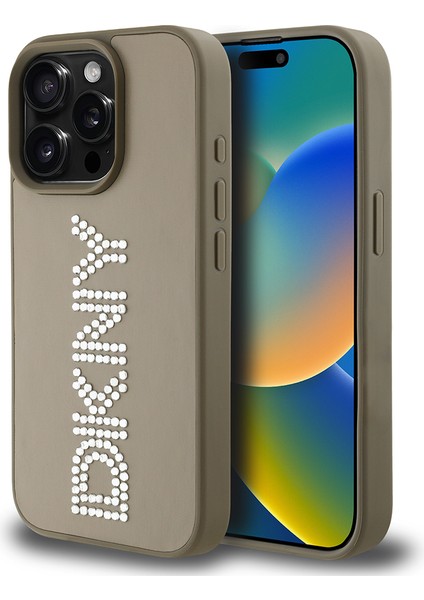 Apple iPhone 15 Pro Max Kılıf Lisanslı Taşlı Yazılı Metalik Rhinestones Pu Deri Kapak Kahverengi fiyatları