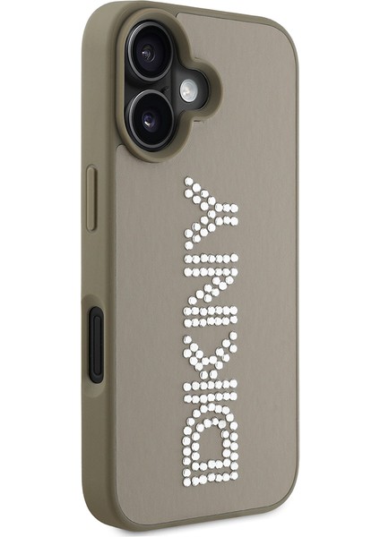 Apple iPhone 16 Kılıf Lisanslı Taşlı Yazılı Metalik Rhinestones Pu Deri Kapak Kahverengi modelleri