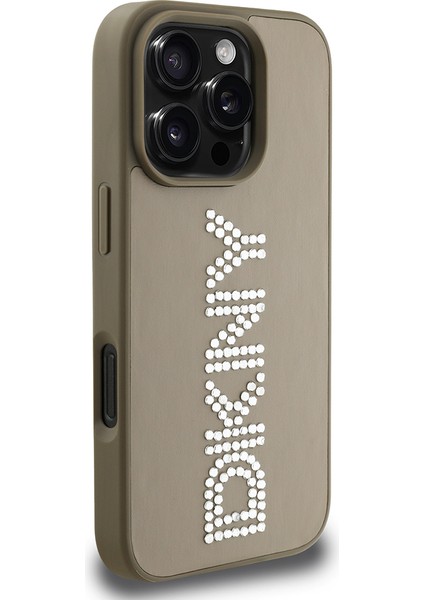 Apple iPhone 16 Pro Kılıf Lisanslı Taşlı Yazılı Metalik Rhinestones Pu Deri Kapak Kahverengi modelleri