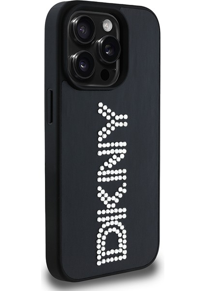 Apple iPhone 15 Pro Max Kılıf Lisanslı Taşlı Yazılı Metalik Rhinestones Pu Deri Kapak Siyah modelleri