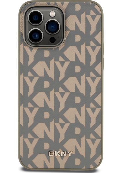 Apple iPhone 14 Pro Max Kılıf Lisanslı Magsafe Şarj Özellikli 3D Yazılı Grid Pattern Kapak Kahverengi