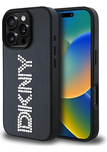 Apple iPhone 16 Pro Kılıf Lisanslı Taşlı Yazılı Metalik Rhinestones Pu Deri Kapak Siyah fiyatları