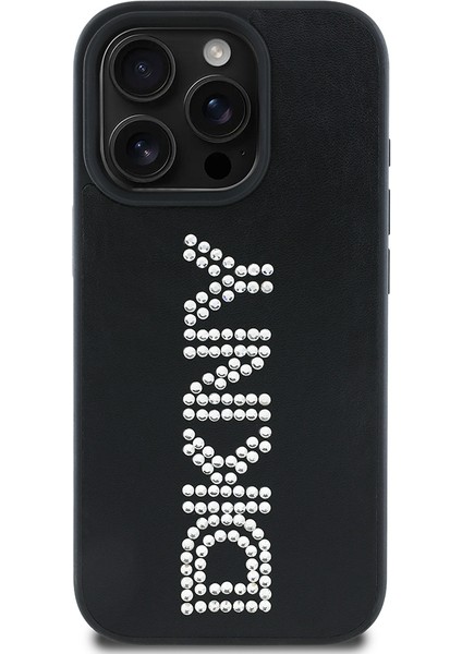 Apple iPhone 16 Pro Max Kılıf Lisanslı Taşlı Yazılı Metalik Rhinestones Pu Deri Kapak Siyah