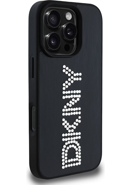 Apple iPhone 16 Pro Max Kılıf Lisanslı Taşlı Yazılı Metalik Rhinestones Pu Deri Kapak Siyah modelleri