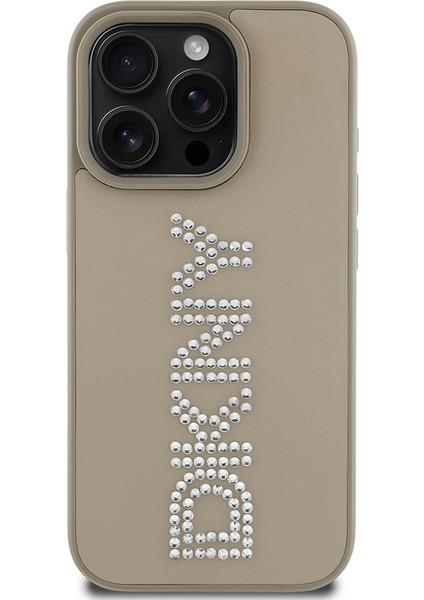 Apple iPhone 16 Pro Max Kılıf Lisanslı Taşlı Yazılı Metalik Rhinestones Pu Deri Kapak Kahverengi