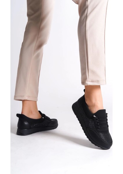 Vıolet Bağcıklı Lastikli Ortopedik Rahat Taban Taş Detaylı Klasik Kadın Babet Anne Ayakkabısı St - Siyah modelleri