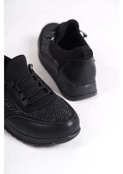 Vıolet Bağcıklı Lastikli Ortopedik Rahat Taban Taş Detaylı Klasik Kadın Babet Anne Ayakkabısı St - Siyah indirimleri