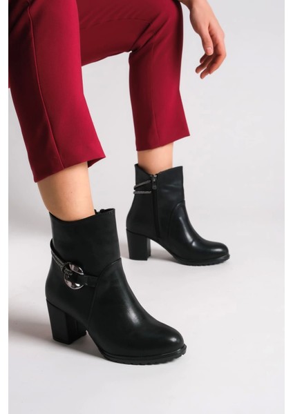 Edna Fermuarlı Ortopedik Taban Taşlı Topuklu Kadın Bot St - Siyah