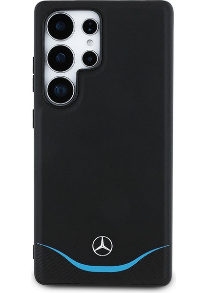 Samsung Galaxy S25 Ultra Kılıf Mercedes-Benz Lisanslı Magsafeli 3D Logolu Mavi Yatay Çizgi Deri Kapak Siyah