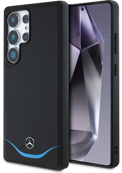 Samsung Galaxy S25 Ultra Kılıf Mercedes-Benz Lisanslı Magsafeli 3D Logolu Mavi Yatay Çizgi Deri Kapak Siyah