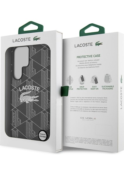 Samsung Galaxy S25 Ultra Kılıf Lacoste Lisanslı Magsafe Şarj Özellikli Mono Vintage Logo Kapak Siyah