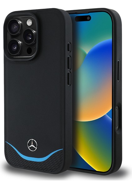 Apple iPhone 16 Pro Max Kılıf Mercedes-Benz Lisanslı Magsafeli 3D Logolu Mavi Yatay Çizgi Deri Kapak Siyah