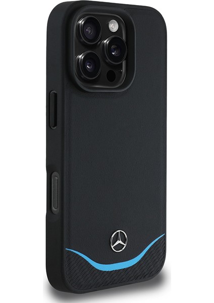 Apple iPhone 16 Pro Max Kılıf Mercedes-Benz Lisanslı Magsafeli 3D Logolu Mavi Yatay Çizgi Deri Kapak Siyah