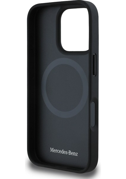 Apple iPhone 16 Pro Max Kılıf Mercedes-Benz Lisanslı Magsafeli 3D Logolu Mavi Yatay Çizgi Deri Kapak Siyah