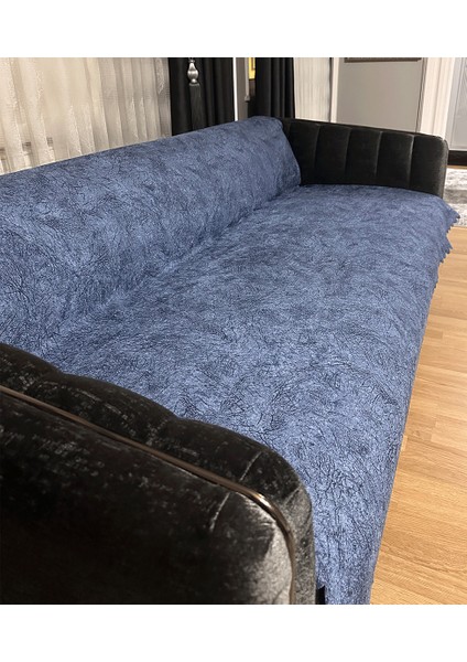Koltuk Çekyat Örtüsü Indigo Damar Desenli Kaymaz Taban Süngerli Üst Kumaş Kadife 170X210