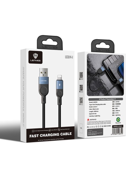 LC514 Usb-A To Lightning Hızlı Şarj Özellikli Örgülü Data ve Şarj Kablosu 15W 1m Siyah