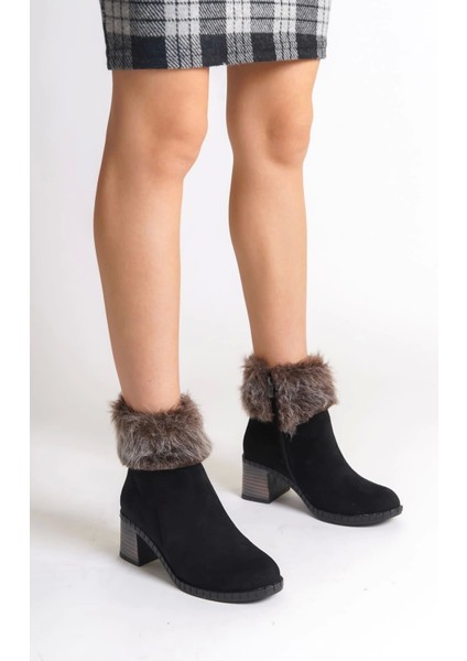 Julıa Fermuarlı Ortopedik Taban Tüylü Topuklu Süet Kadın Bot St - Siyah