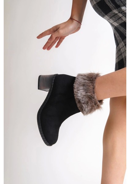 Julıa Fermuarlı Ortopedik Taban Tüylü Topuklu Süet Kadın Bot St - Siyah modelleri