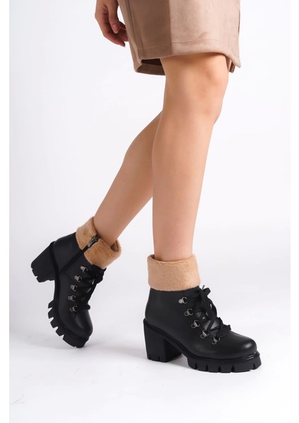 Emma Bağcıklı Fermuarlı Ortopedik Taban Topuklu Kürk Detaylıkadın Bot St - Siyah