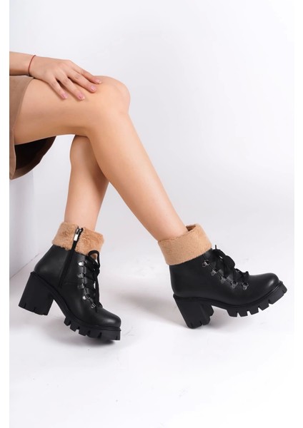 Emma Bağcıklı Fermuarlı Ortopedik Taban Topuklu Kürk Detaylıkadın Bot St - Siyah fiyatları