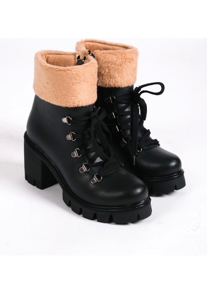Emma Bağcıklı Fermuarlı Ortopedik Taban Topuklu Kürk Detaylıkadın Bot St - Siyah fırsatları