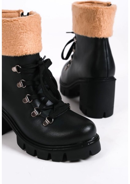 Emma Bağcıklı Fermuarlı Ortopedik Taban Topuklu Kürk Detaylıkadın Bot St - Siyah indirimleri