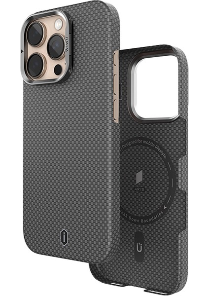 Apple iPhone 16 Pro Max Kılıf Wiwu DCC-208 Magsafe Uyumlu Kamera Standlı Aramid Fiber Kevlar Kapak Siyah