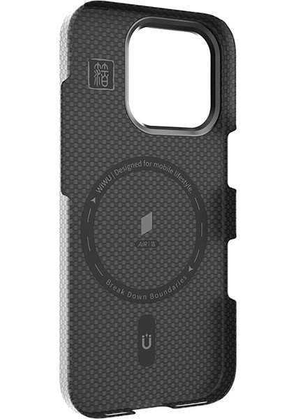 Apple iPhone 16 Pro Max Kılıf Wiwu DCC-208 Magsafe Uyumlu Kamera Standlı Aramid Fiber Kevlar Kapak Siyah