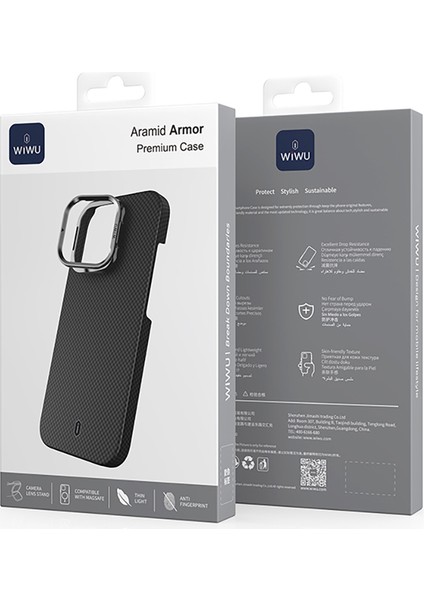 Apple iPhone 16 Pro Max Kılıf Wiwu DCC-208 Magsafe Uyumlu Kamera Standlı Aramid Fiber Kevlar Kapak Siyah