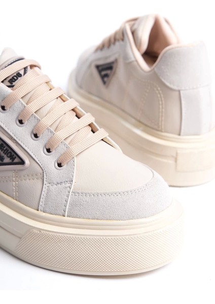 Prag Bağcıklı Ortopedik Taban Desenli Kadın Sneaker Spor Ayakkabı Kt - Krem indirimleri