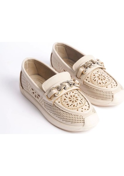 Layla Bağcıksız Ortopedik Rahat Taban Çiçek Desenli Kadın Babet Ayakkabı Kt - Krem fırsatları