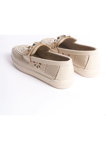 Layla Bağcıksız Ortopedik Rahat Taban Çiçek Desenli Kadın Babet Ayakkabı Kt - Krem indirimleri