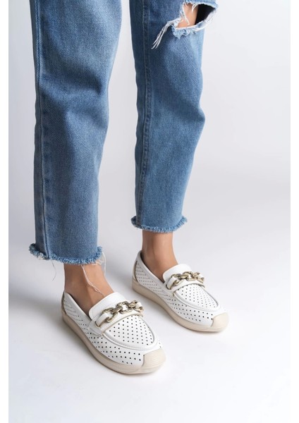 Layla Bağcıksız Ortopedik Rahat Taban Kalp Desenli Kadın Babet Ayakkabı Kt - Beyaz