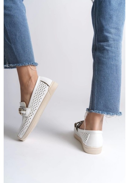 Layla Bağcıksız Ortopedik Rahat Taban Kalp Desenli Kadın Babet Ayakkabı Kt - Beyaz modelleri