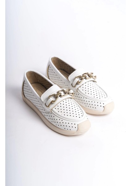 Layla Bağcıksız Ortopedik Rahat Taban Kalp Desenli Kadın Babet Ayakkabı Kt - Beyaz fırsatları