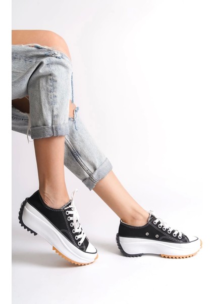 Parıs Bağcıklı Ortopedik Taban Kadın Sneaker Spor Ayakkabı Bt - Siyah