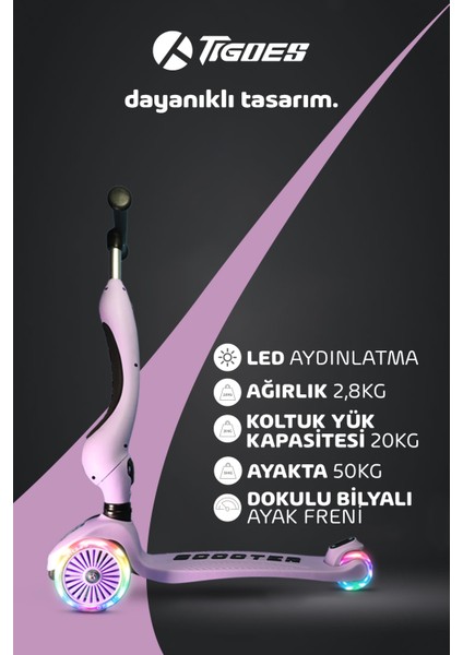 Premium Oturaklı Pembe Scooter 3 Tekerlekli LED Işıklı Scooter Yükseklik Ayarlı 1-6 Yaş
