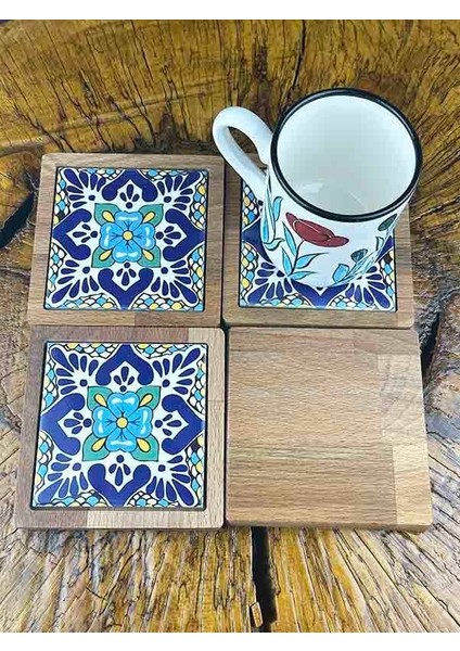 Mavi Yonca Motifli Ahşap Bardak Altlığı Takımı fiyatları
