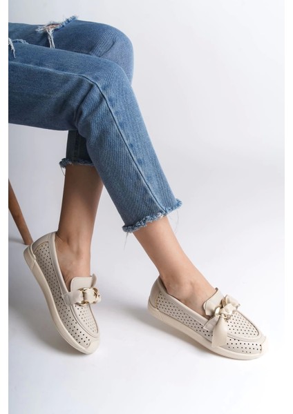 Lydıa Bağcıksız Ortopedik Rahat Taban Kalp Desenli Kadın Babet Ayakkabı Kt - Krem modelleri