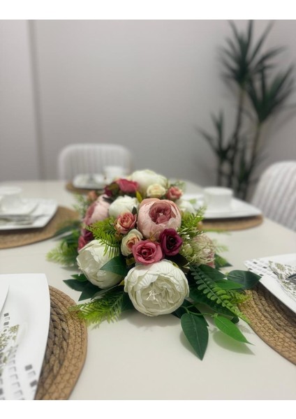 Yapay Çiçek Yemek Masası Çiçeği Pembe Şakayık ve Gül Yapay Masa Çiçeği