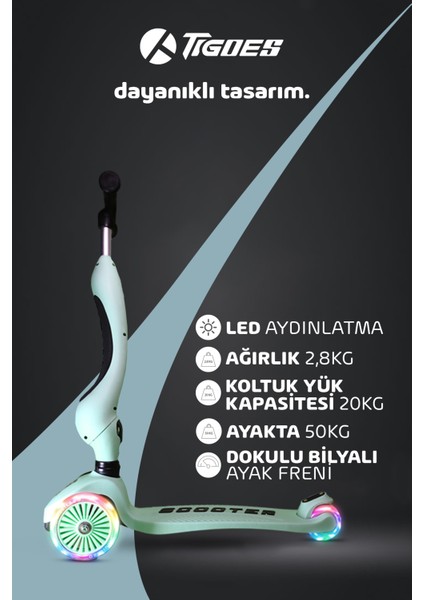 Premium Oturaklı Çocuk Scooter 3 Tekerlekli LED Işıklı Scooter Yükseklik Ayarlı 1-6 Yaş