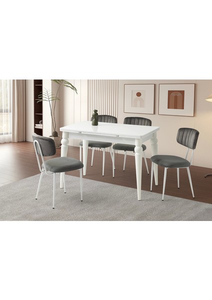 Ahşap Salon Yemek Masa Sandalye Takımı 4 Pınar Sandalyeli Yandan Açılır Büyüyen Beyaz 70 x 110 cm