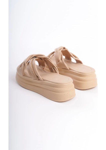 Clara Düz Topuklu Kurdele Desenli Taşlı Kalın ve Ortopedik Taban Kadın Terlik Tt - Ten indirimleri