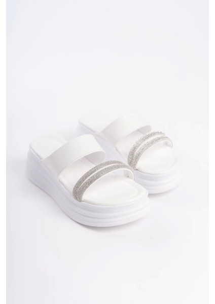 Sarah Düz Topuklu Taşlı Şeritli Kalın ve Ortopedik Taban Kadın Terlik Bt - Beyaz fırsatları