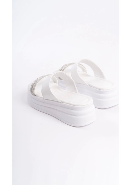 Sarah Düz Topuklu Taşlı Şeritli Kalın ve Ortopedik Taban Kadın Terlik Bt - Beyaz indirimleri