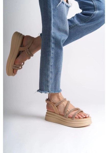 Rıley Ince Tokalı Taşlı Şeritli Ortopedik Taban Kadın Sandalet Tt - Ten fiyatları