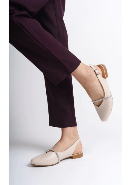 Allıson Tokalı Ortopedik Rahat Taban Taş Detaylı Kadın Babet Ayakkabı Kt - Krem modelleri