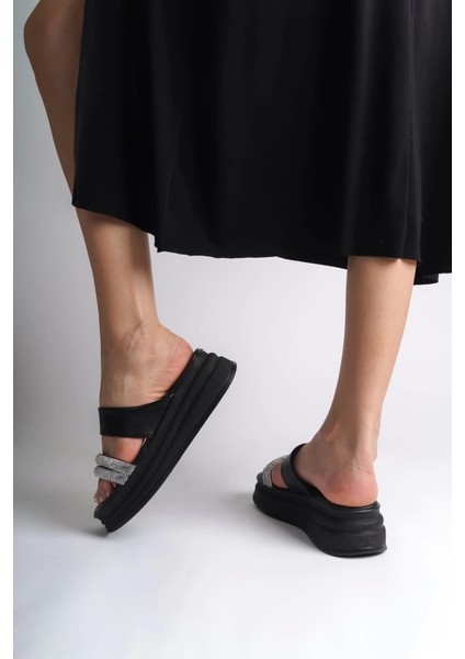 Sarah Düz Topuklu Taşlı Şeritli Kalın ve Ortopedik Taban Kadın Terlik St - Siyah modelleri