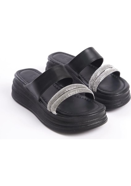 Sarah Düz Topuklu Taşlı Şeritli Kalın ve Ortopedik Taban Kadın Terlik St - Siyah fırsatları