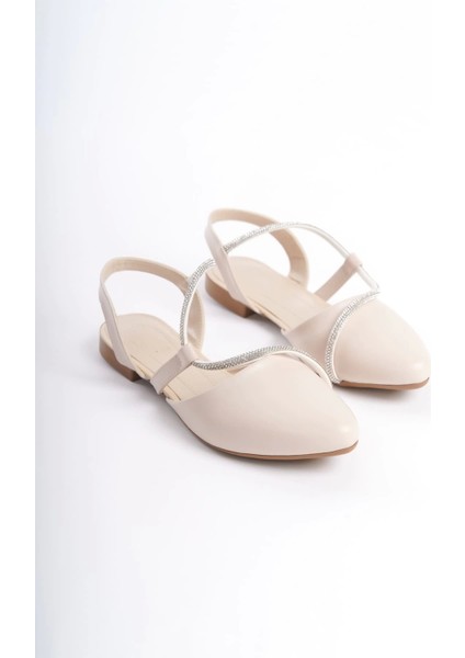 Hannah Lastikli Ortopedik Rahat Taban Taş Detaylı Kadın Babet Ayakkabı Kt - Krem fırsatları